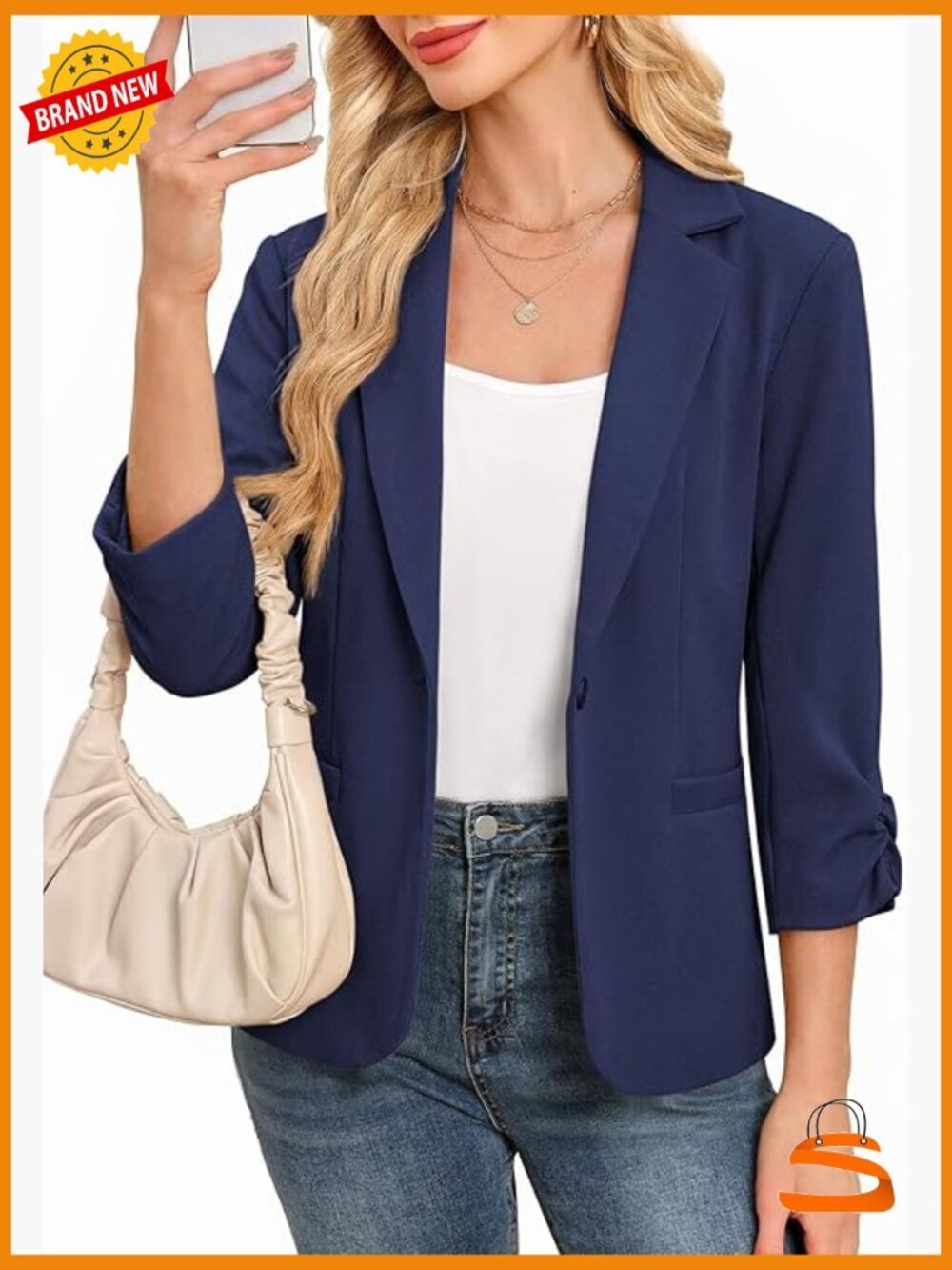 Ruched 3/4 Sleeve Blazer - Lightweight Slim Fit Business Casual Work Jacket